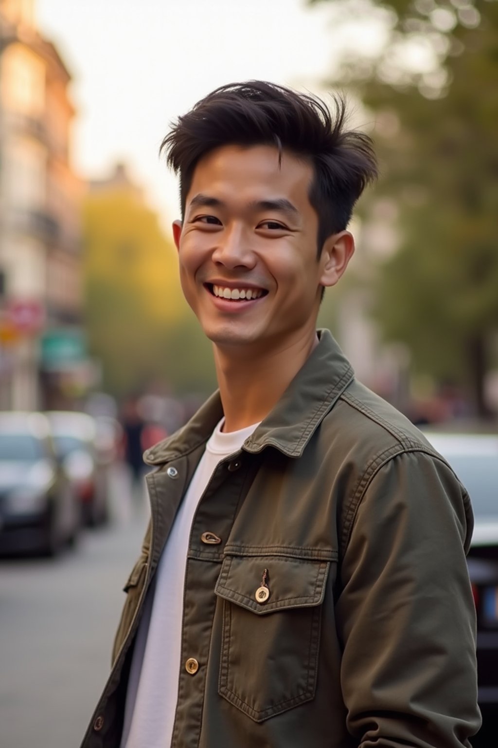 headshot of smiling man wearing casual clothes posing for dating app headshot. outdoor blurry background. the lighting is warm, possibly from a setting sun, creating a soft glow around him, enhancing the casual and relaxed vibe of the image. the setting seems to be outdoors, likely in an urban environment, with the blurred background hinting at a street or park-like area. this image likely portrays a youthful, active, and approachable individual, possibly in a lifestyle or fashion-related context.