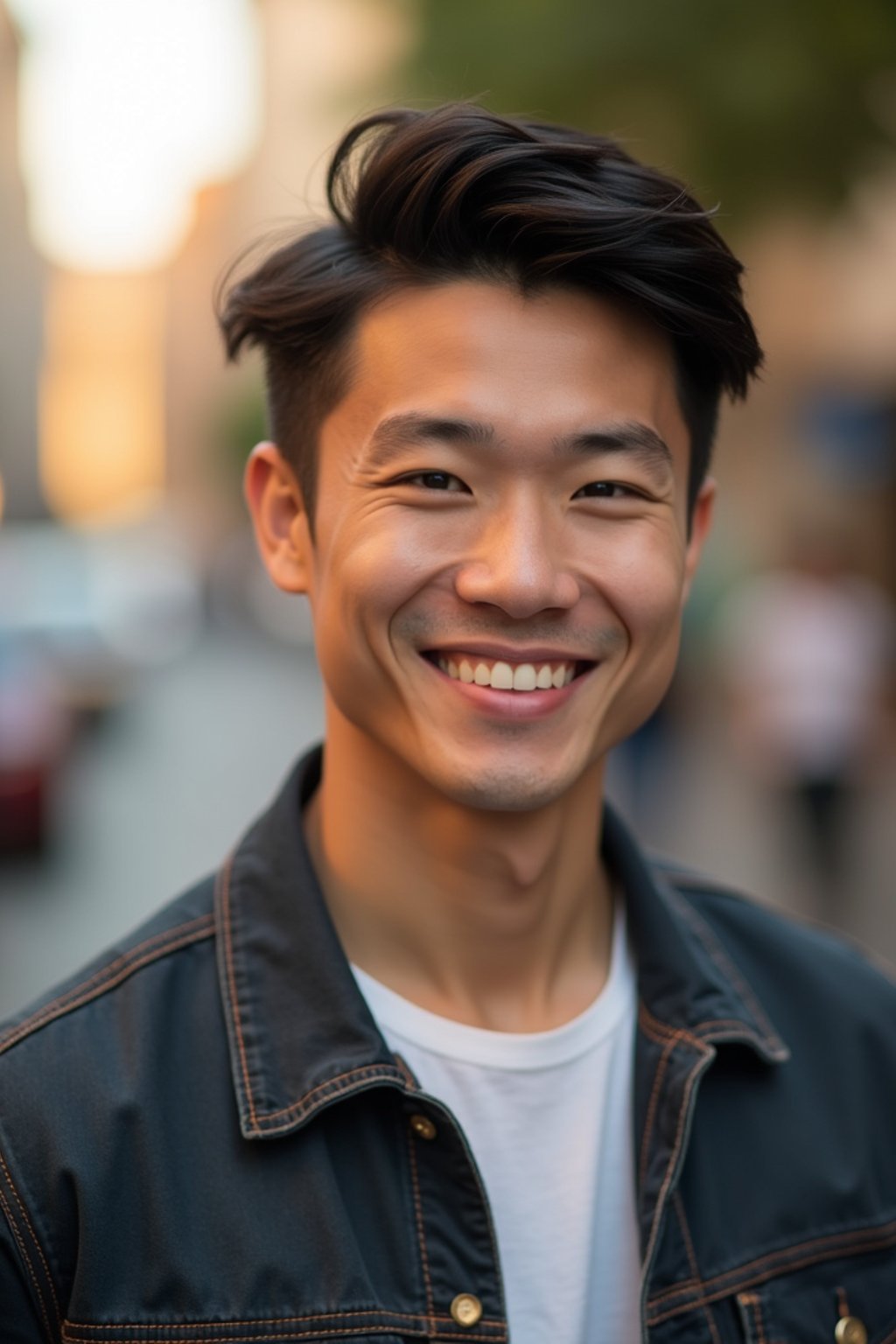 headshot of smiling man wearing casual clothes posing for dating app headshot. outdoor blurry background. the lighting is warm, possibly from a setting sun, creating a soft glow around him, enhancing the casual and relaxed vibe of the image. the setting seems to be outdoors, likely in an urban environment, with the blurred background hinting at a street or park-like area. this image likely portrays a youthful, active, and approachable individual, possibly in a lifestyle or fashion-related context.