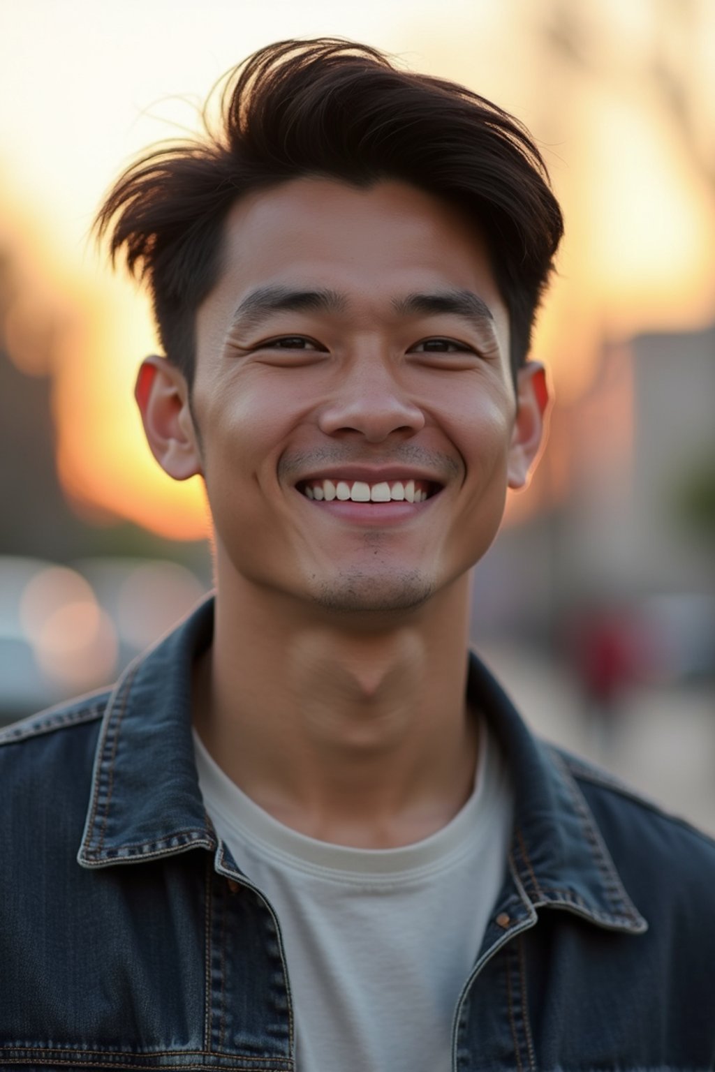 headshot of smiling man wearing casual clothes posing for dating app headshot. outdoor blurry background. the lighting is warm, possibly from a setting sun, creating a soft glow around him, enhancing the casual and relaxed vibe of the image. the setting seems to be outdoors, likely in an urban environment, with the blurred background hinting at a street or park-like area. this image likely portrays a youthful, active, and approachable individual, possibly in a lifestyle or fashion-related context.