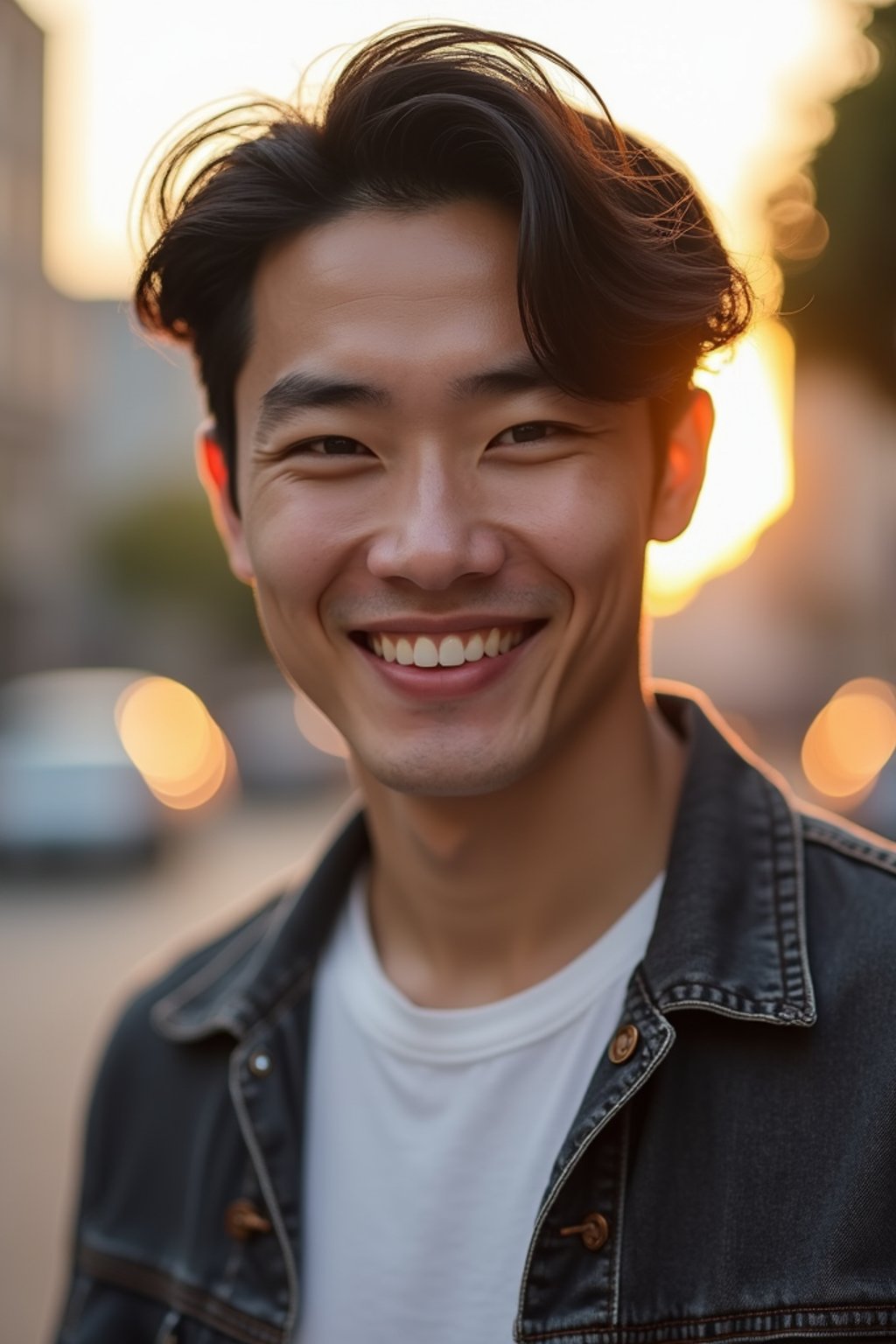 headshot of smiling man wearing casual clothes posing for dating app headshot. outdoor blurry background. the lighting is warm, possibly from a setting sun, creating a soft glow around him, enhancing the casual and relaxed vibe of the image. the setting seems to be outdoors, likely in an urban environment, with the blurred background hinting at a street or park-like area. this image likely portrays a youthful, active, and approachable individual, possibly in a lifestyle or fashion-related context.