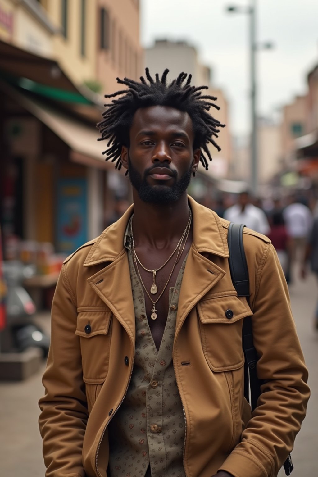 a stylish masculine  man exploring a street market