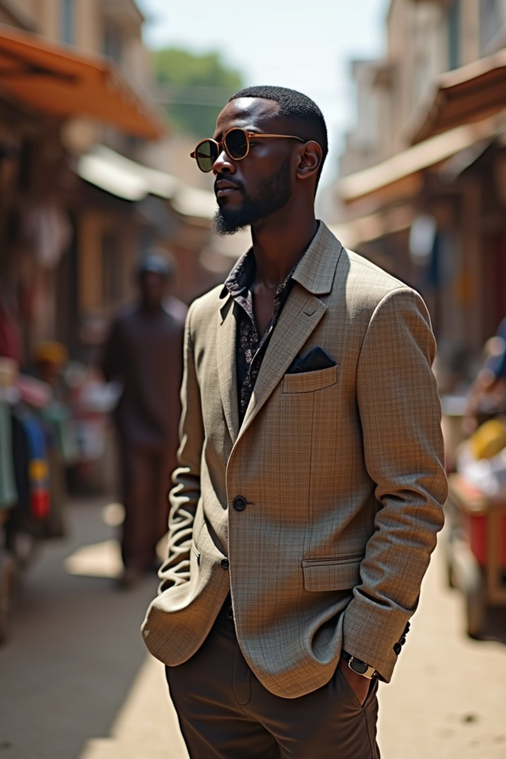 a stylish masculine  man exploring a street market