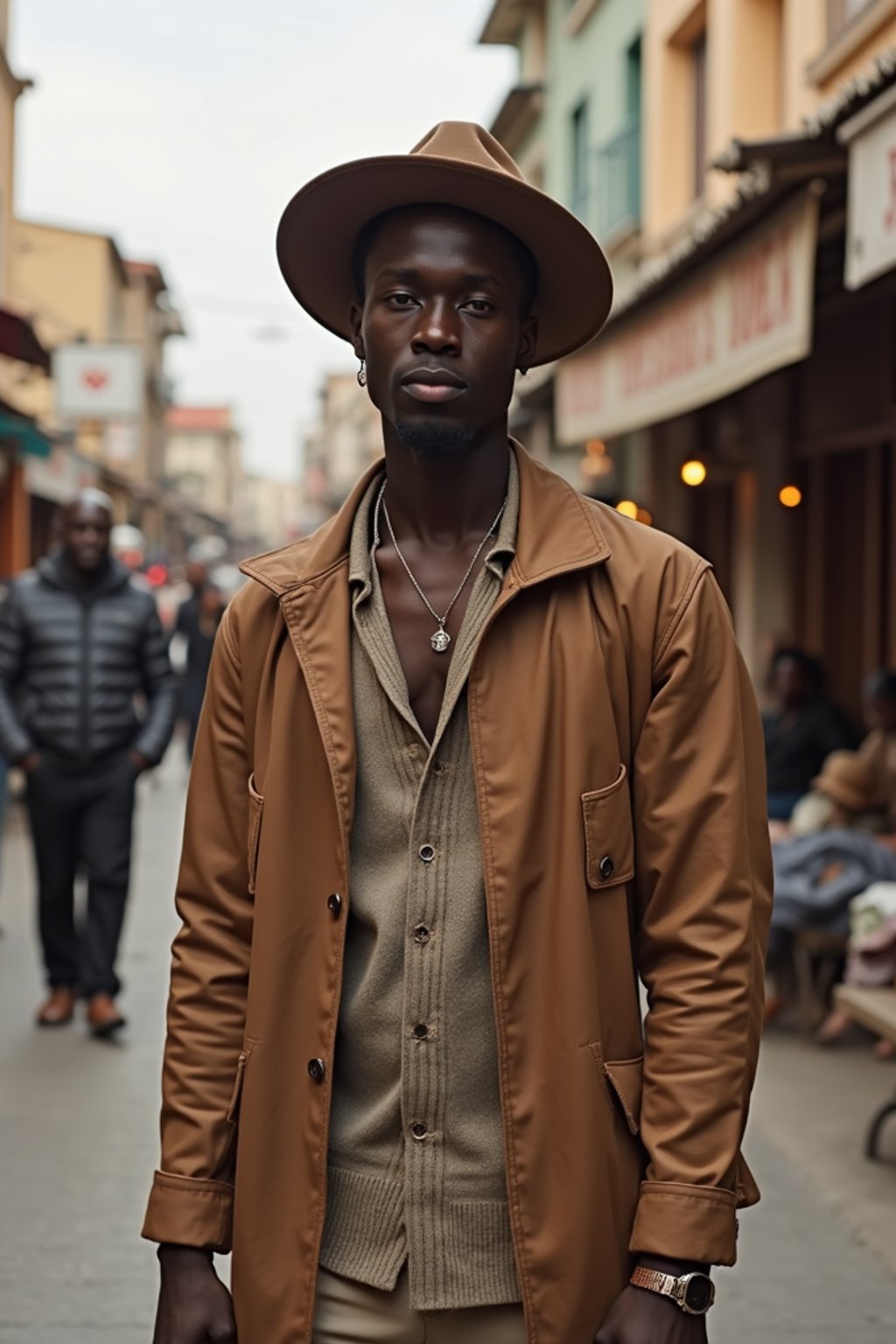 a stylish masculine  man exploring a street market