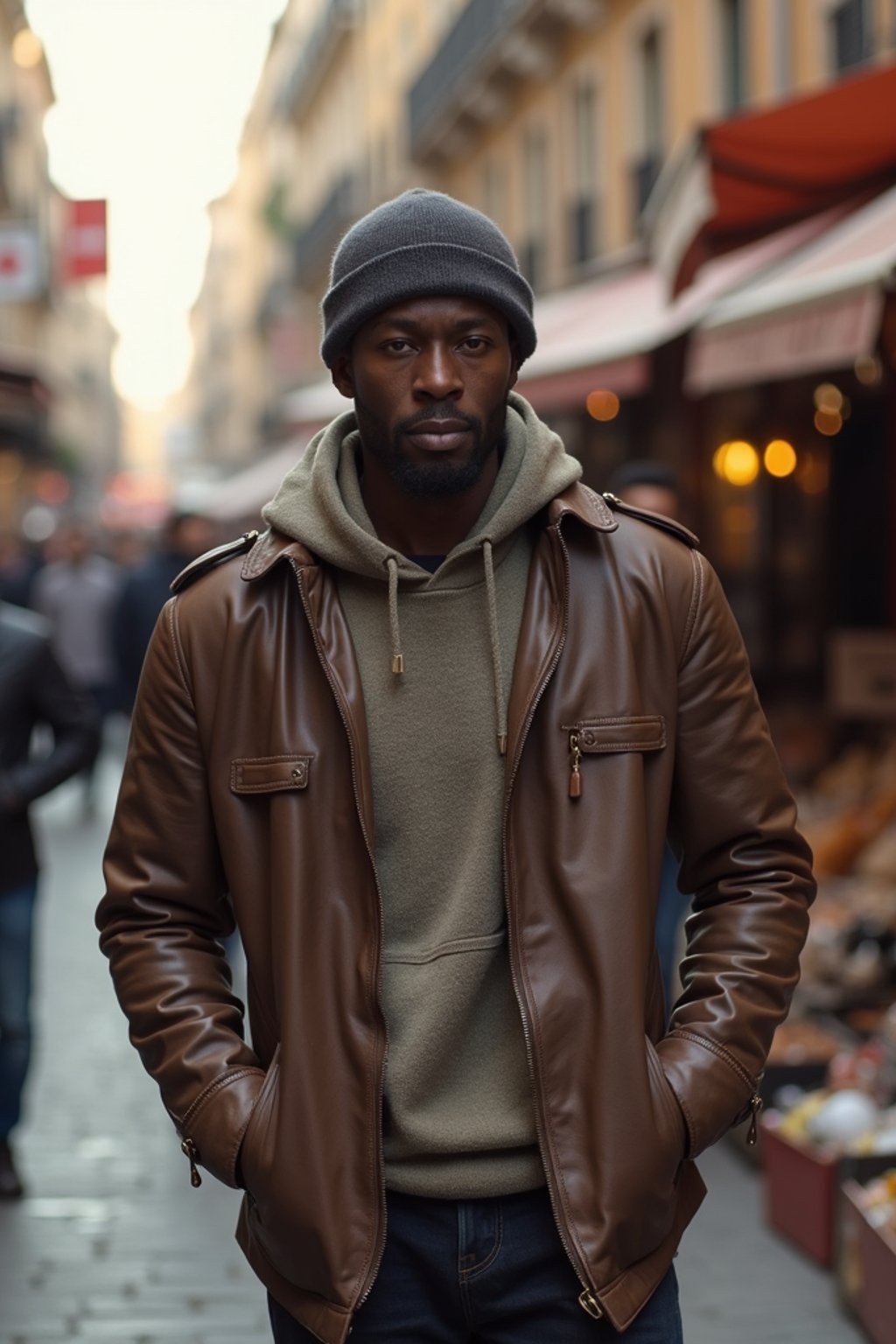 a stylish masculine  man exploring a street market