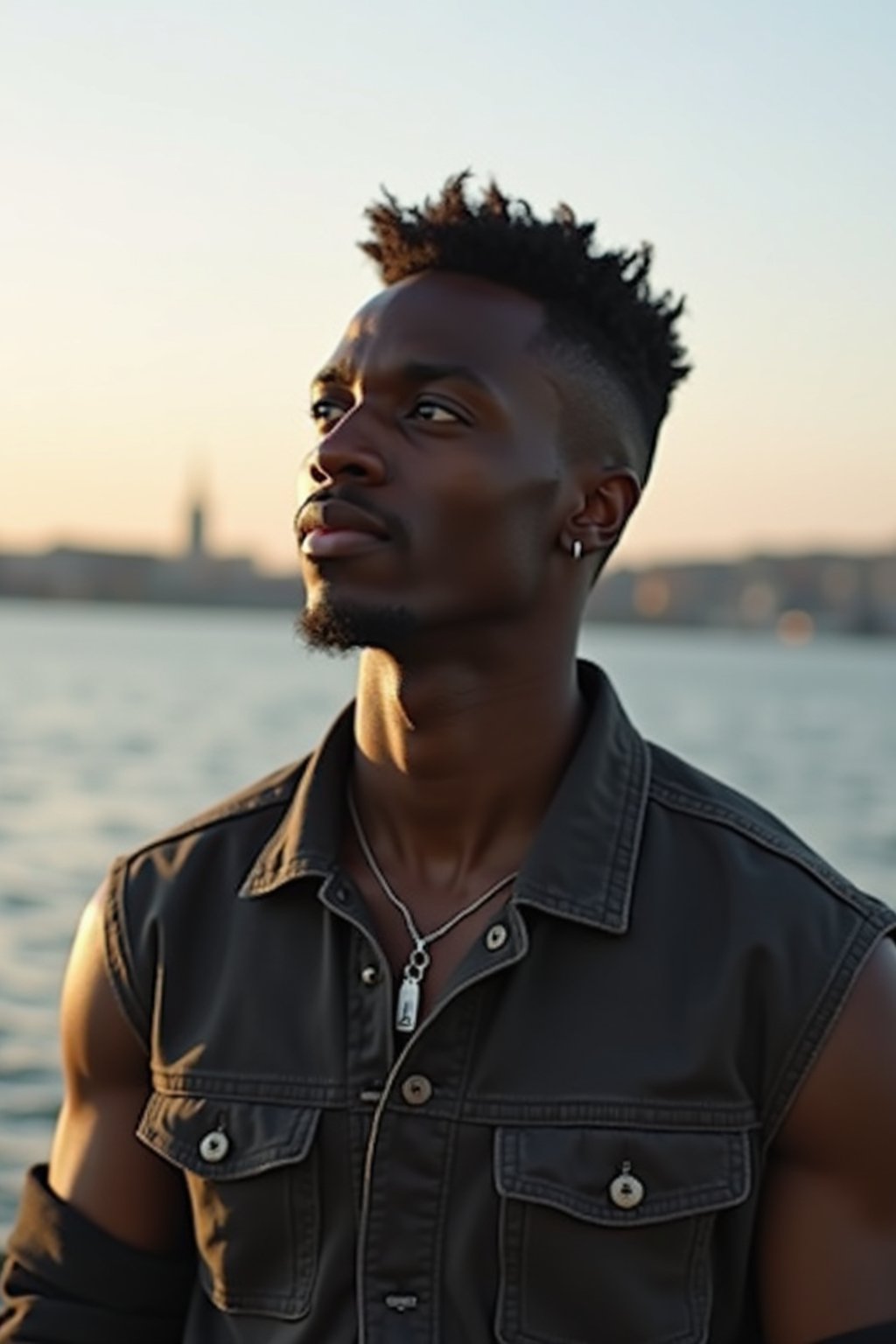 a captivating masculine  man enjoying a peaceful moment by the waterfront