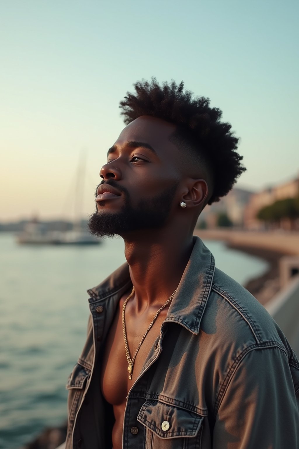 a captivating masculine  man enjoying a peaceful moment by the waterfront