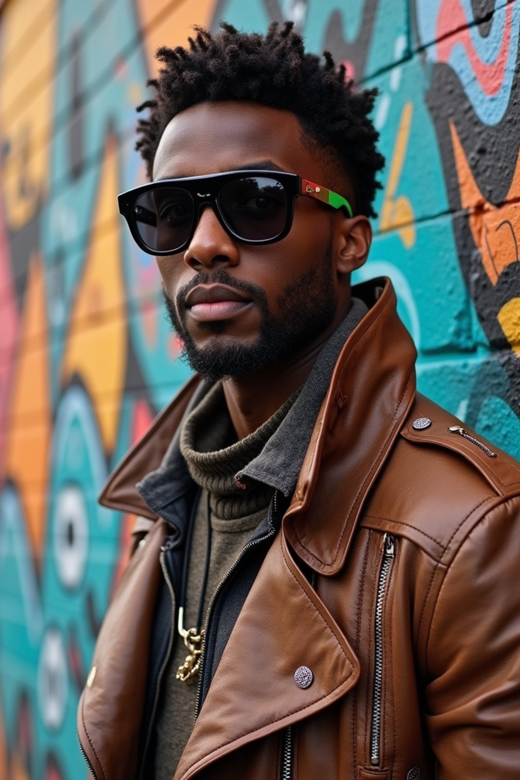 a fashionable masculine  man posing in front of street art