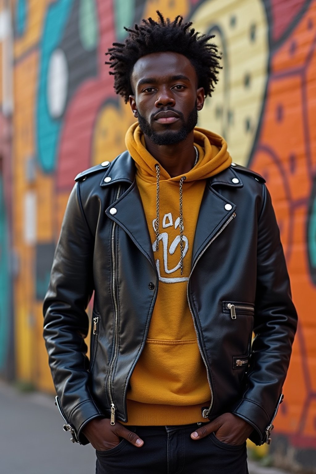 a fashionable masculine  man posing in front of street art