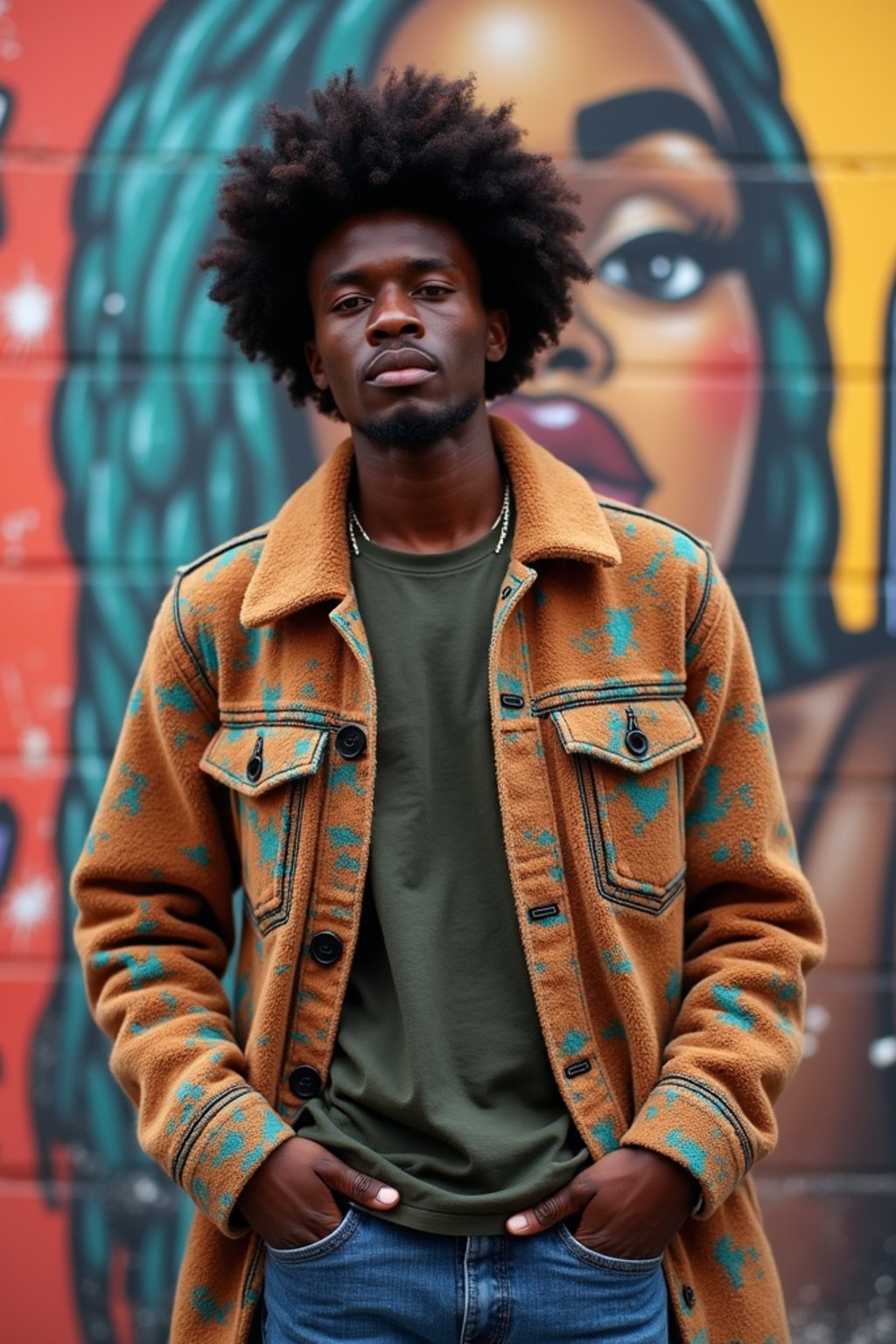 a fashionable masculine  man posing in front of street art