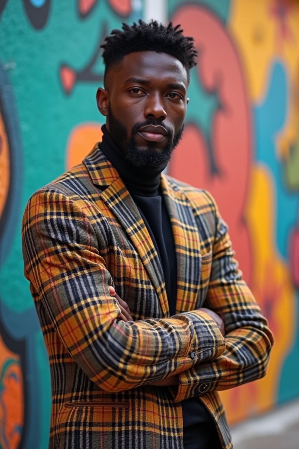 a fashionable masculine  man posing in front of street art