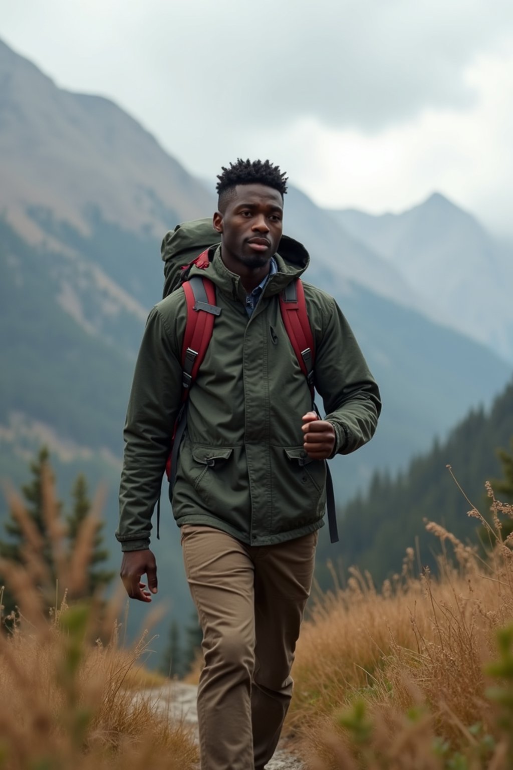 an adventurous masculine  man hiking in the mountains