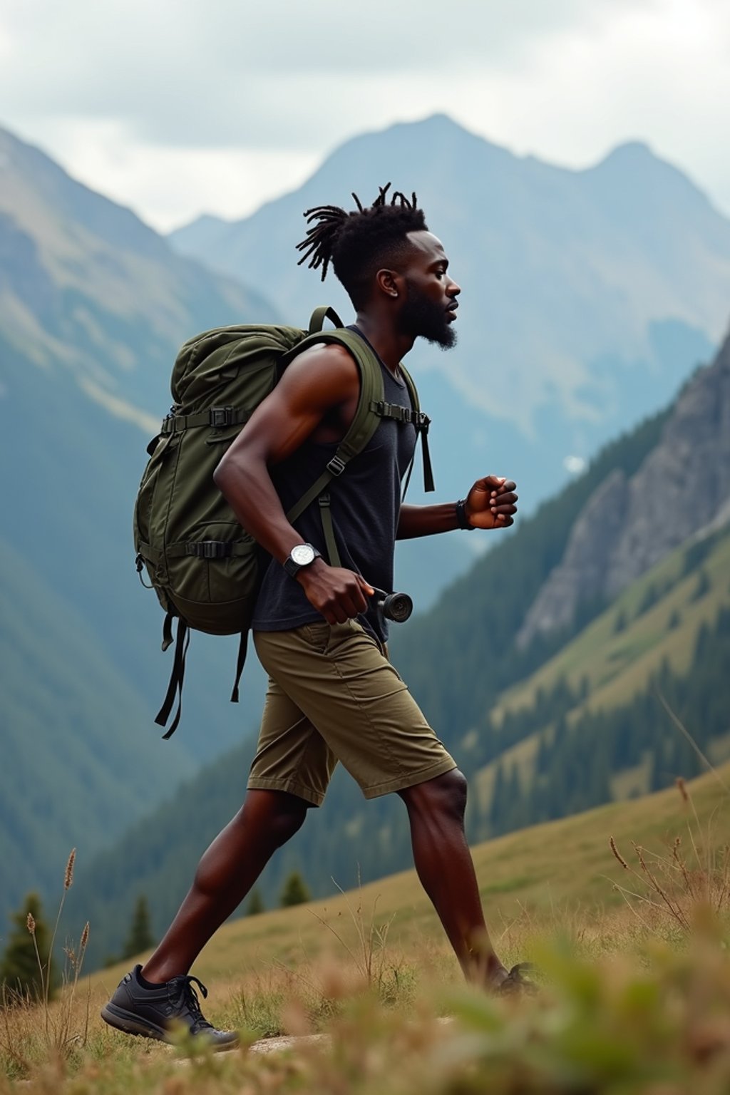 an adventurous masculine  man hiking in the mountains