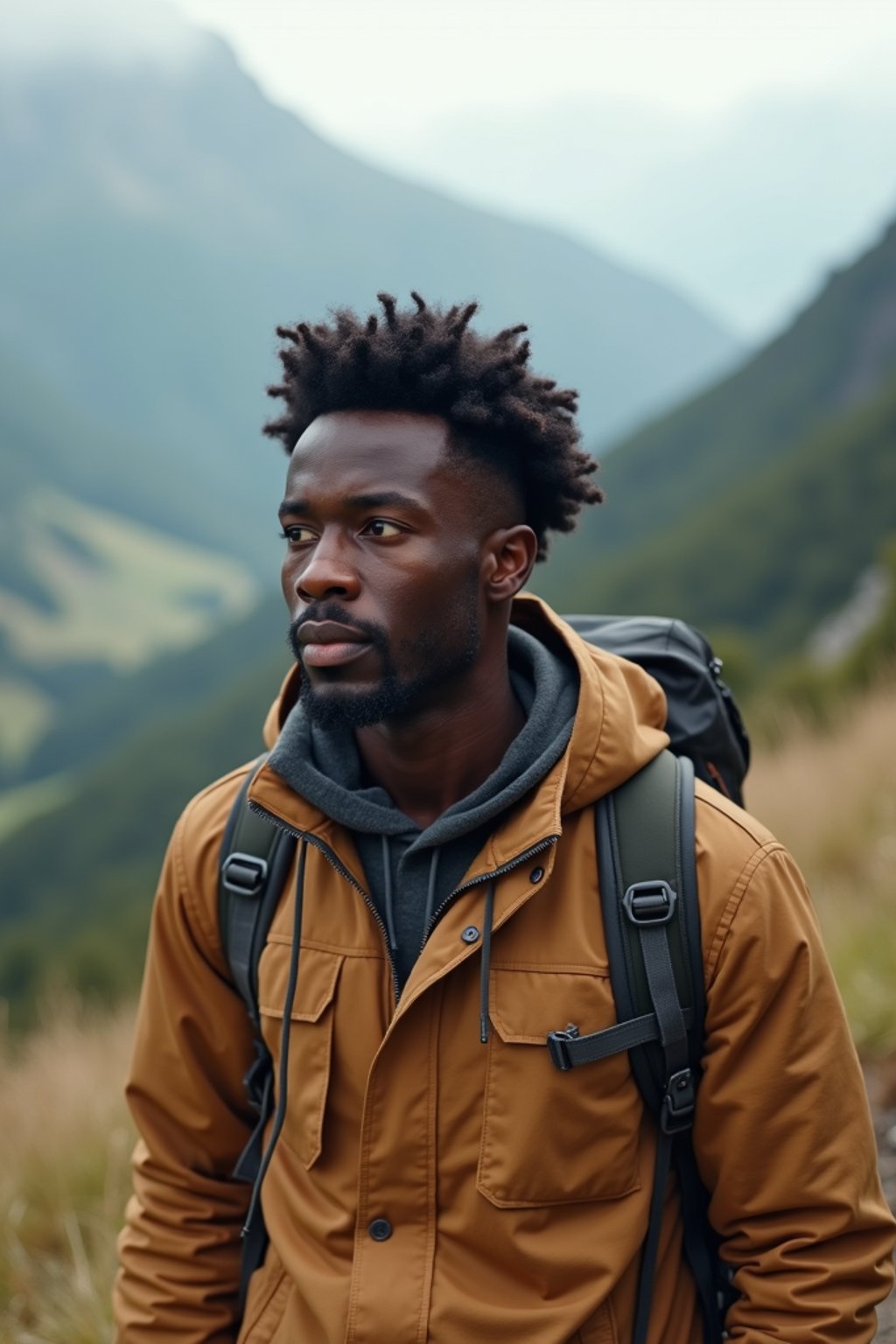 an adventurous masculine  man hiking in the mountains