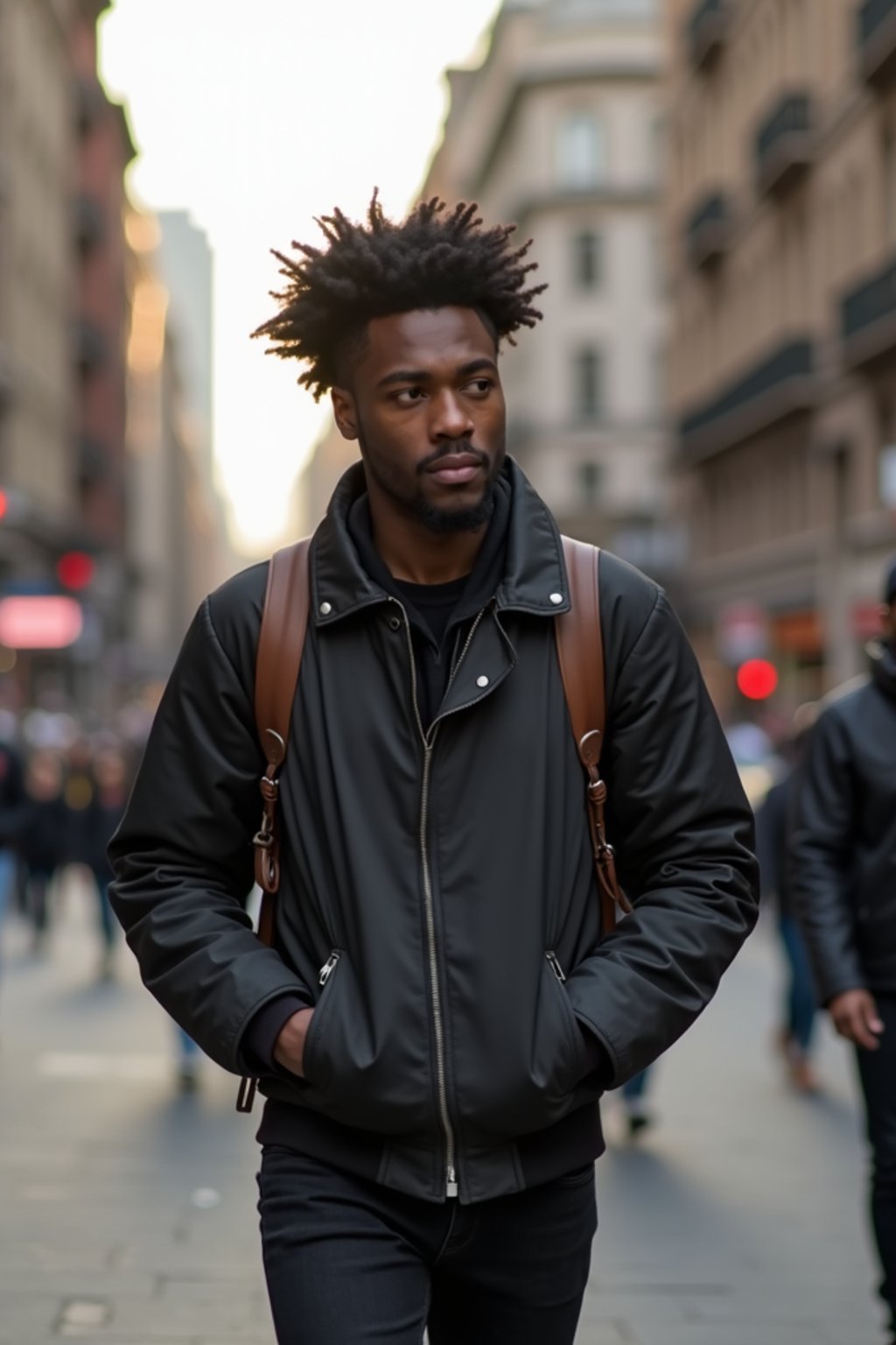 a confident masculine  man exploring a bustling city street