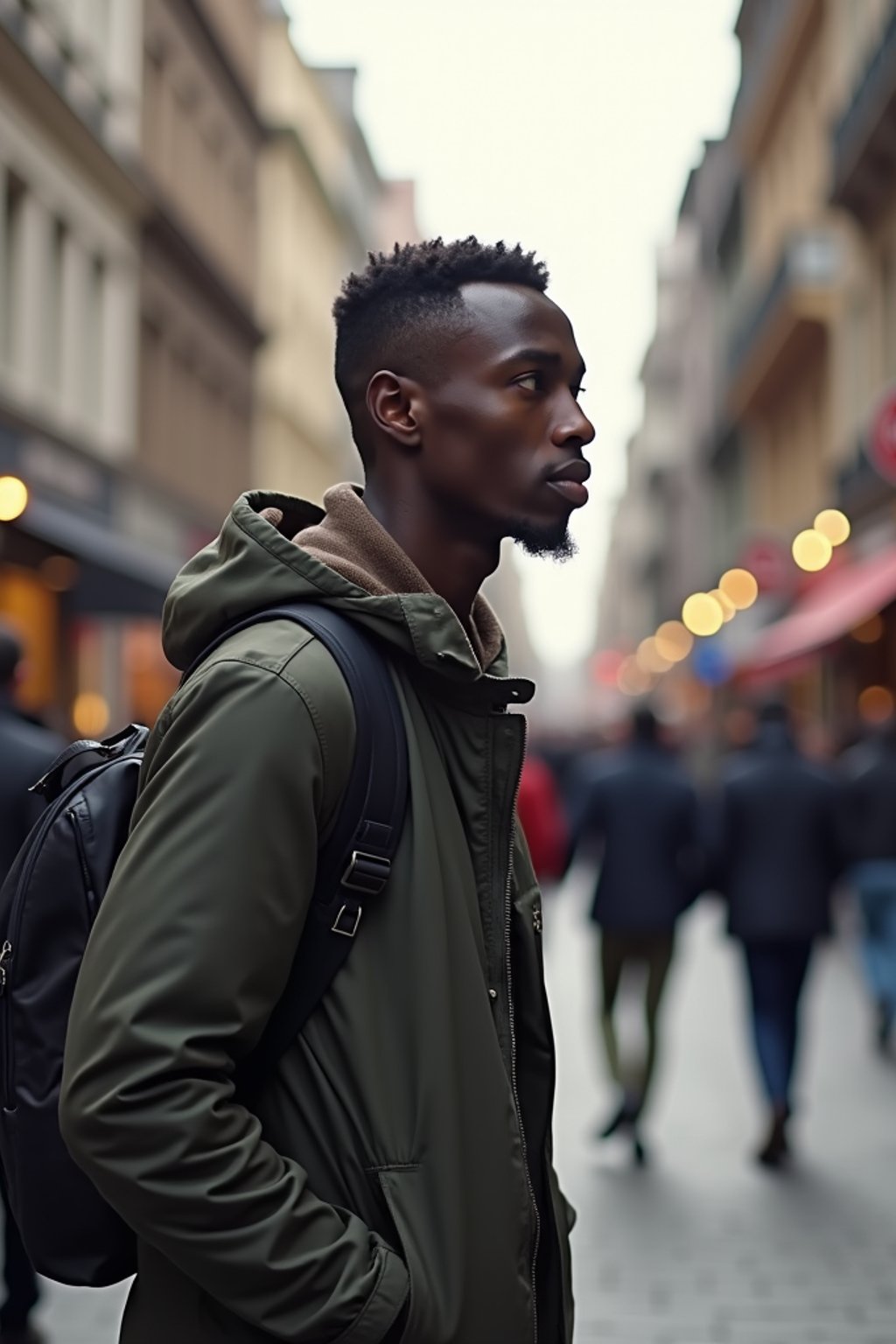 a confident masculine  man exploring a bustling city street