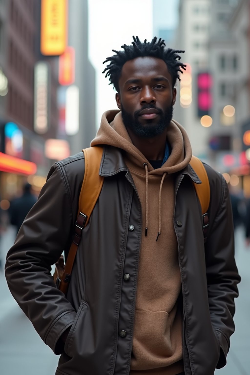 a confident masculine  man exploring a bustling city street