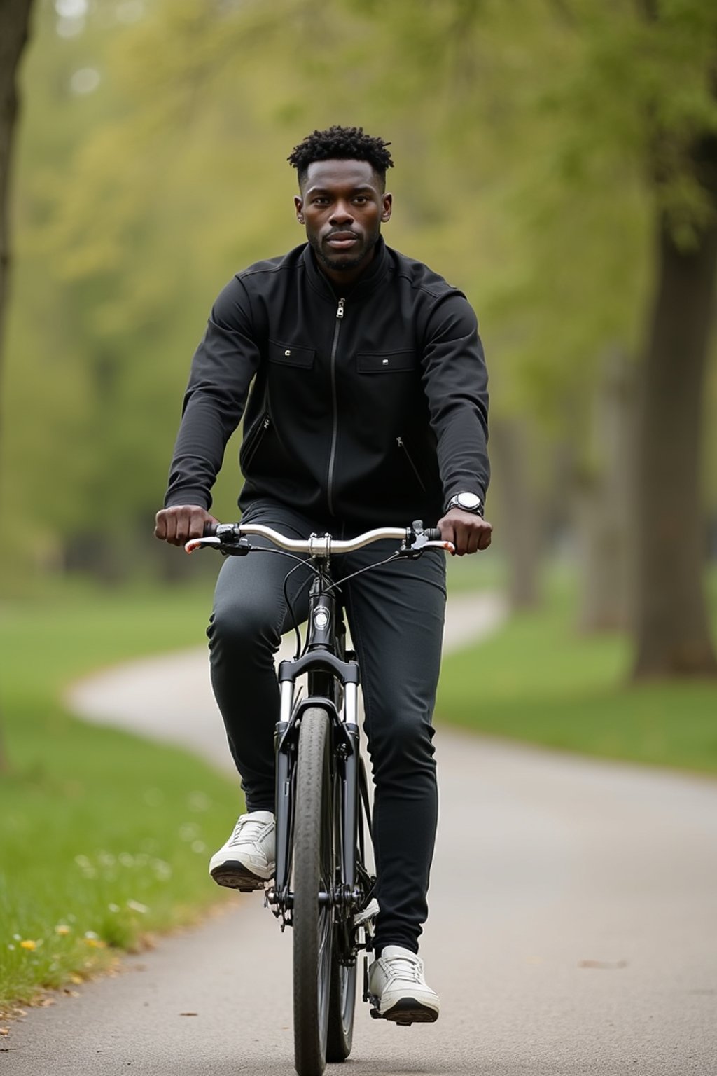 a stylish masculine  man enjoying a leisurely bike ride along a scenic path