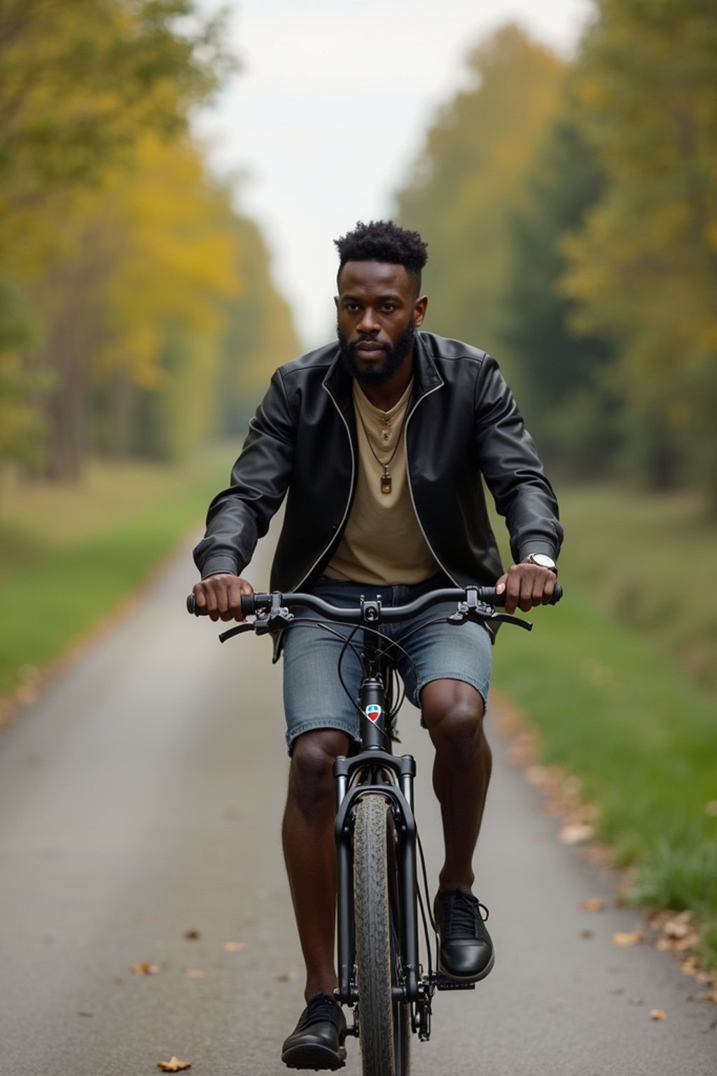 a stylish masculine  man enjoying a leisurely bike ride along a scenic path