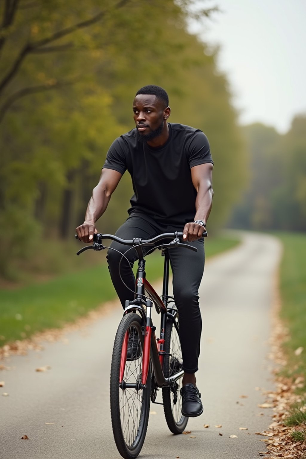 a stylish masculine  man enjoying a leisurely bike ride along a scenic path