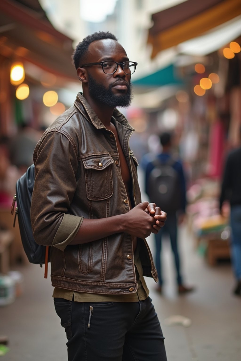 a charismatic masculine  man exploring a street market