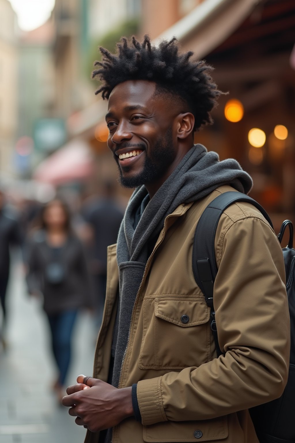 a charismatic masculine  man exploring a street market