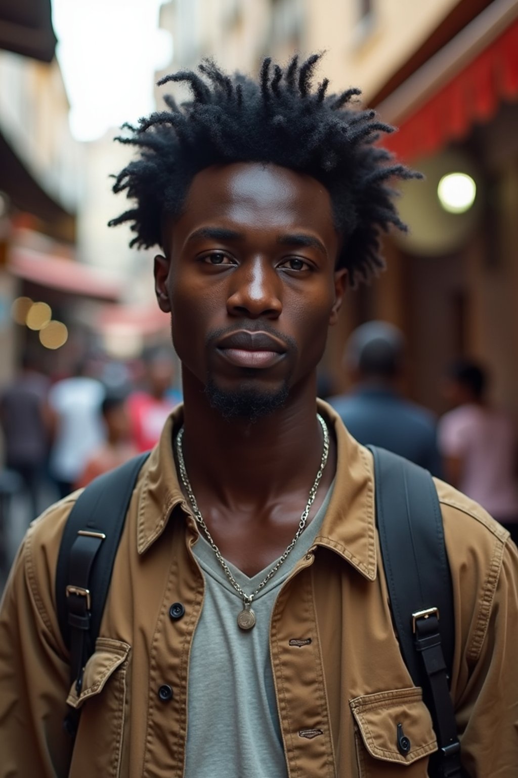 a charismatic masculine  man exploring a street market