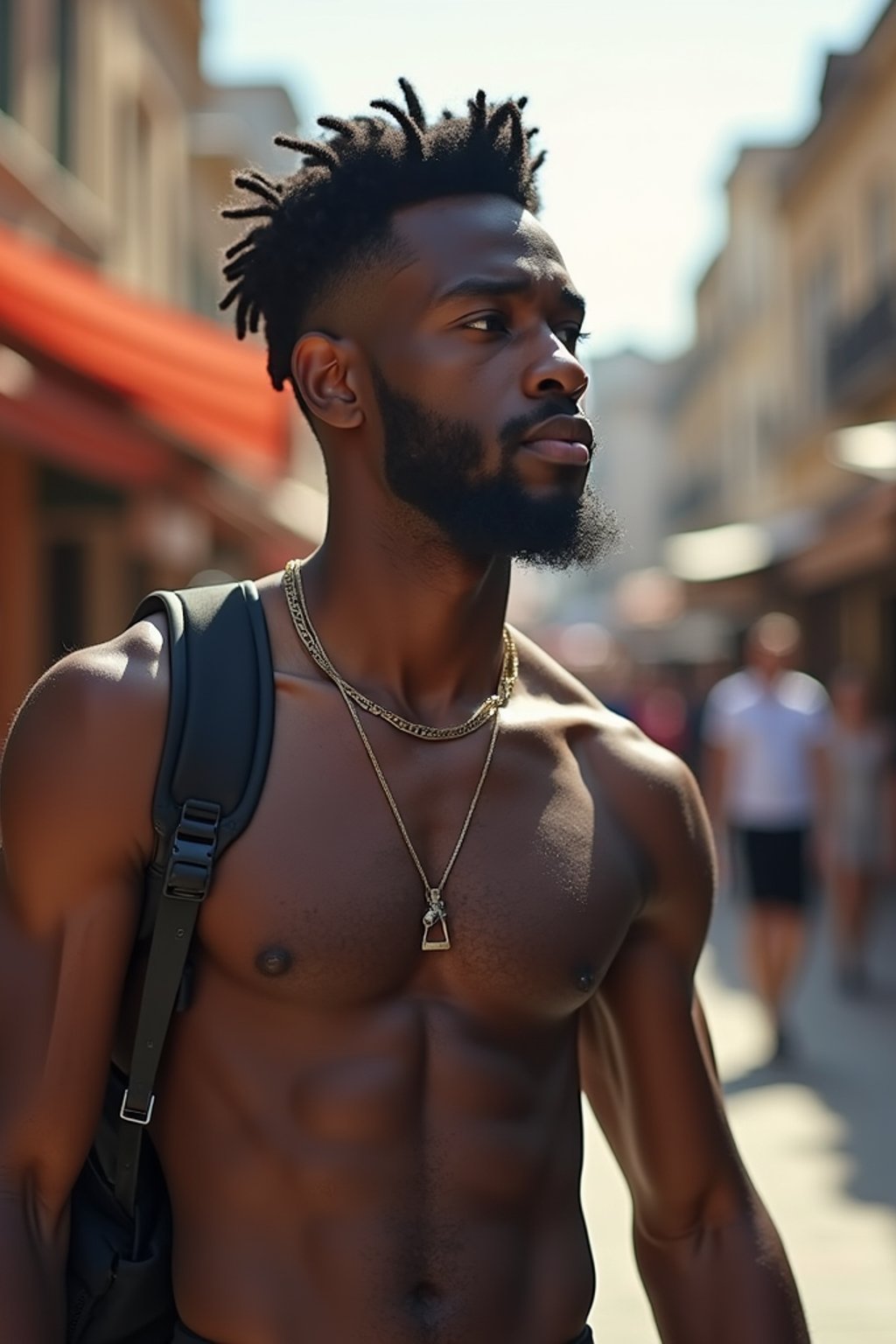 a charismatic masculine  man exploring a street market