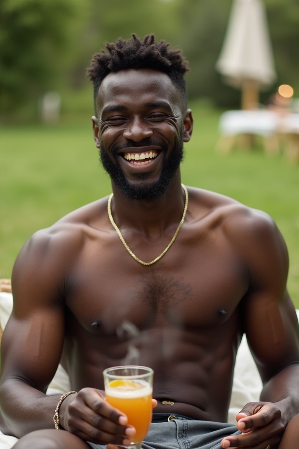 masculine  man having a fun outdoor picnic