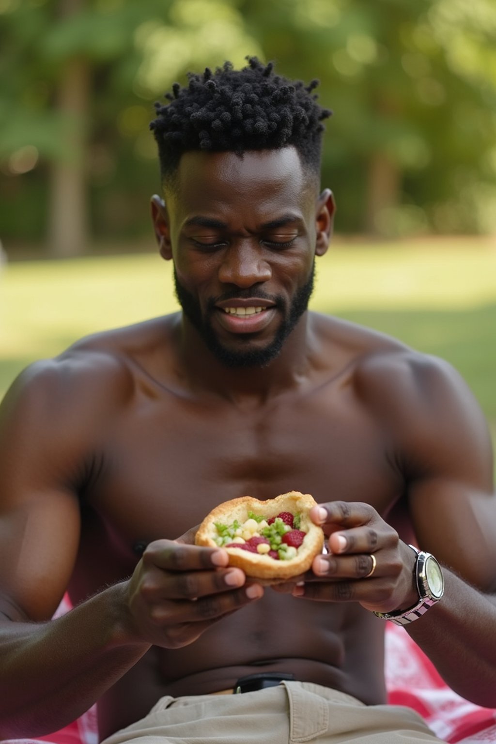 masculine  man having a fun outdoor picnic