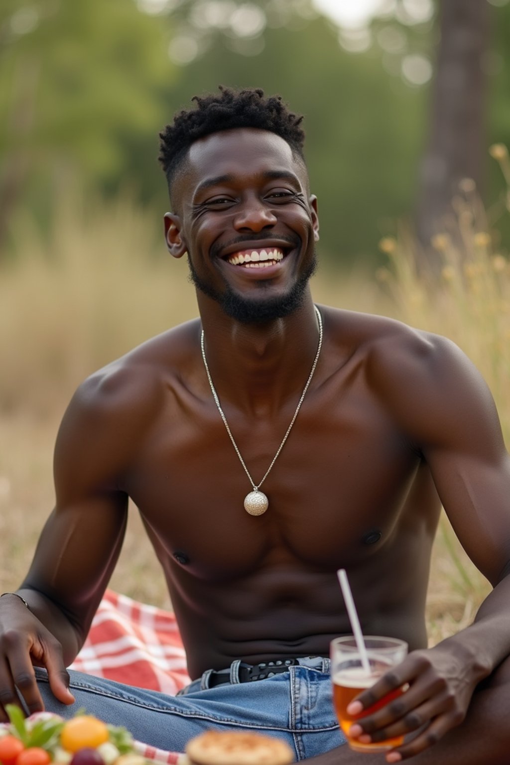 masculine  man having a fun outdoor picnic