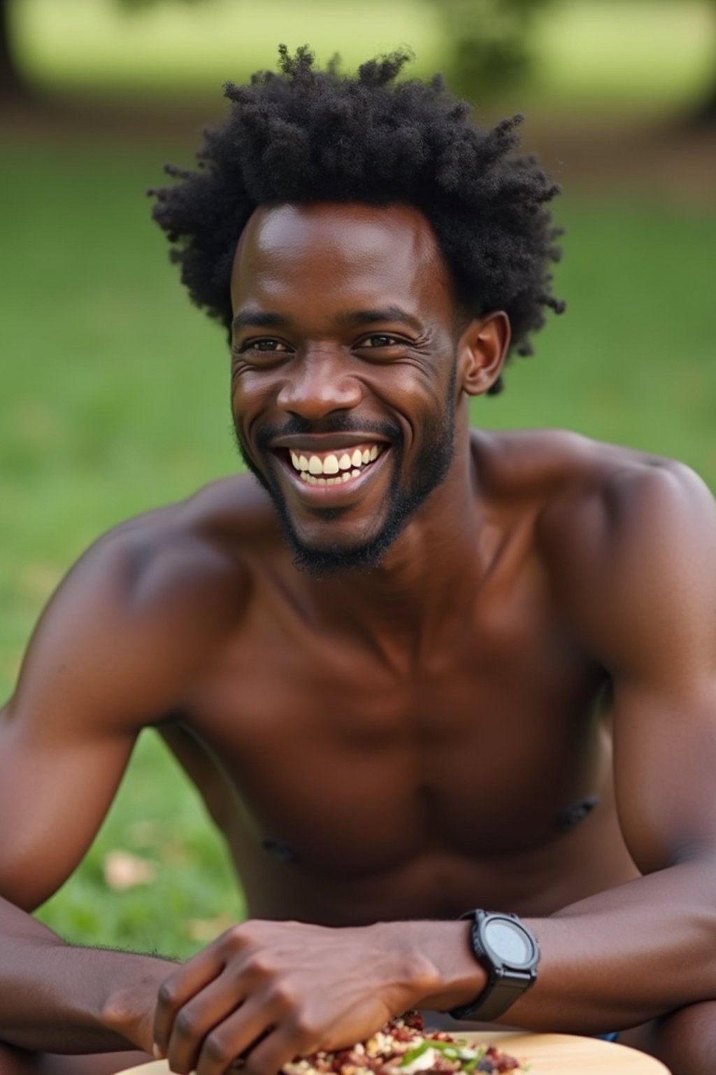 masculine  man having a fun outdoor picnic