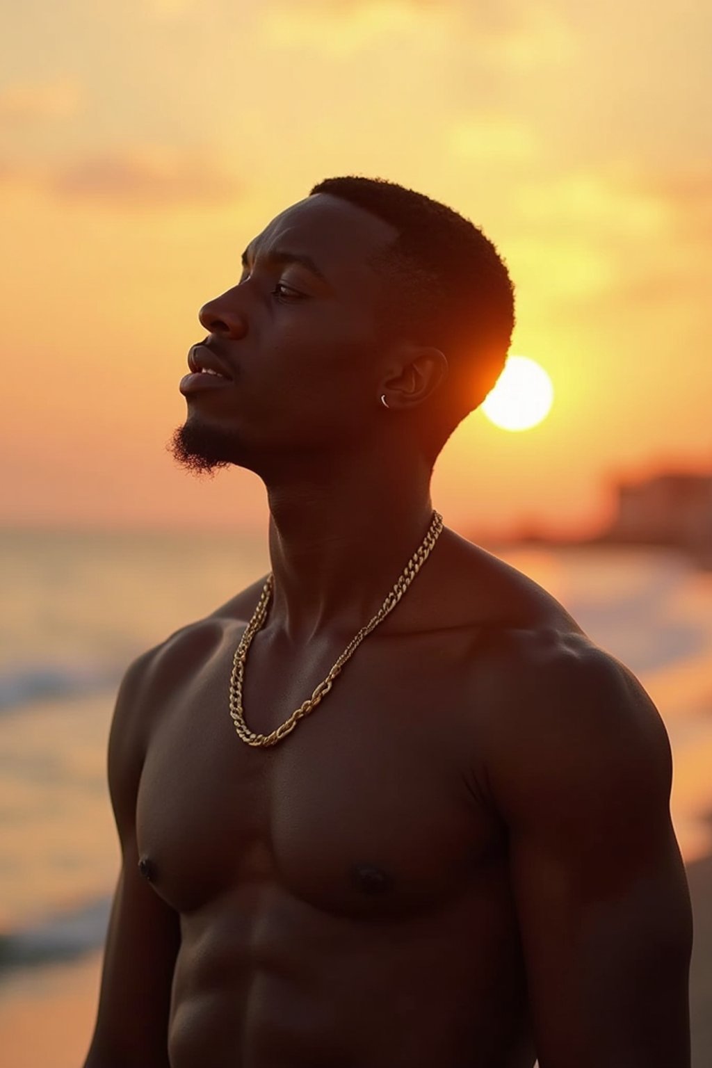 masculine  man enjoying a sunset at a beach or park