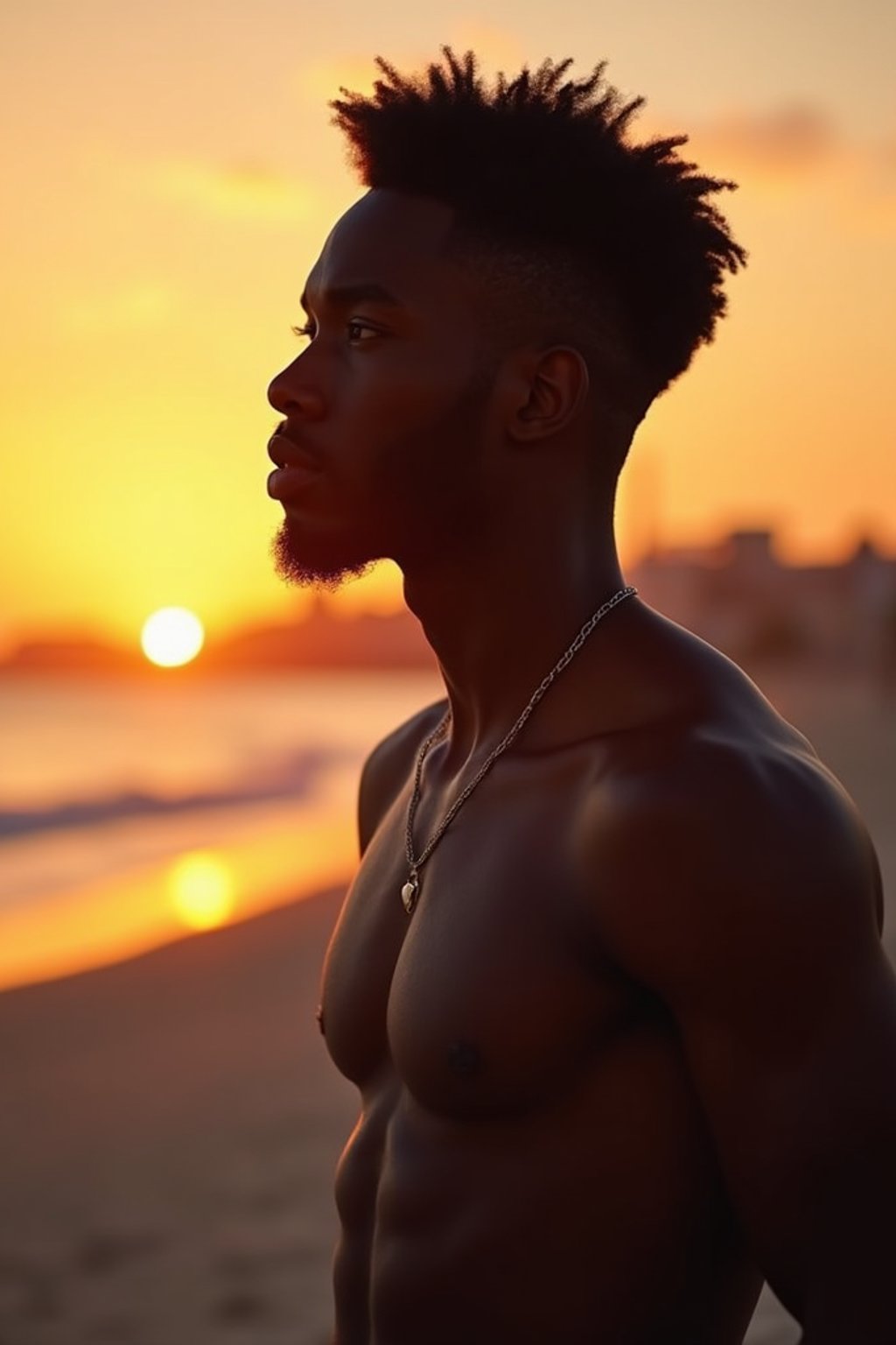 masculine  man enjoying a sunset at a beach or park