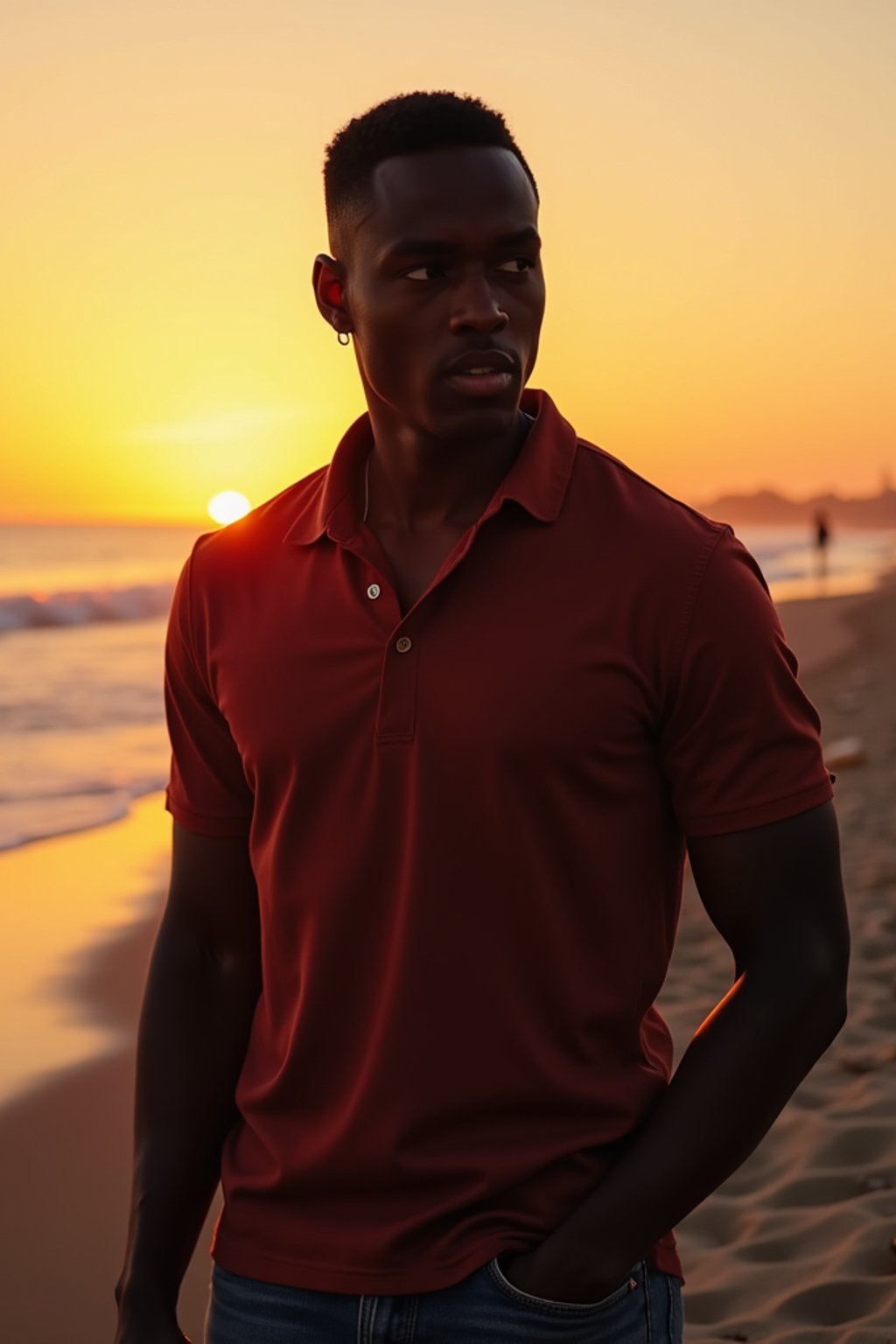 masculine  man enjoying a sunset at a beach or park