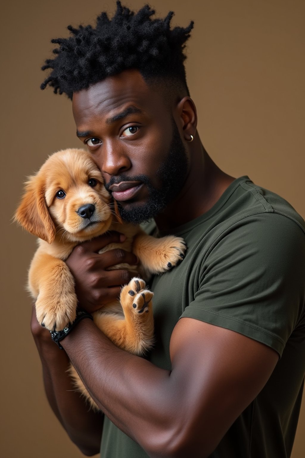 masculine  man posing with a cute pet