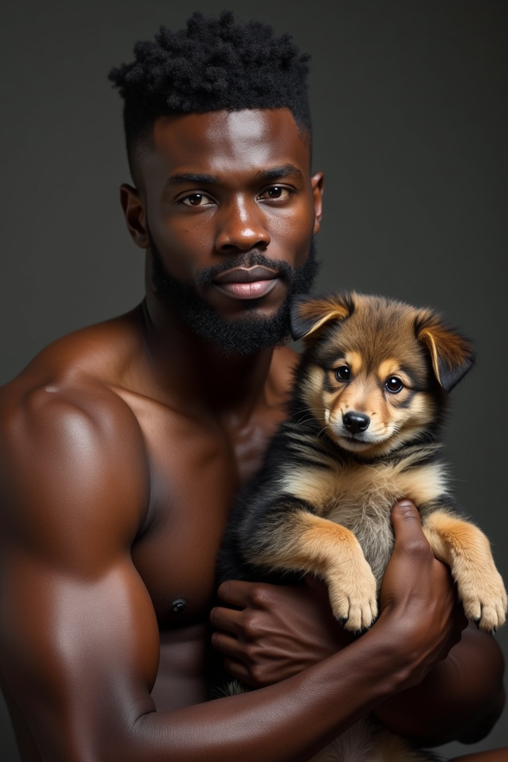 masculine  man posing with a cute pet