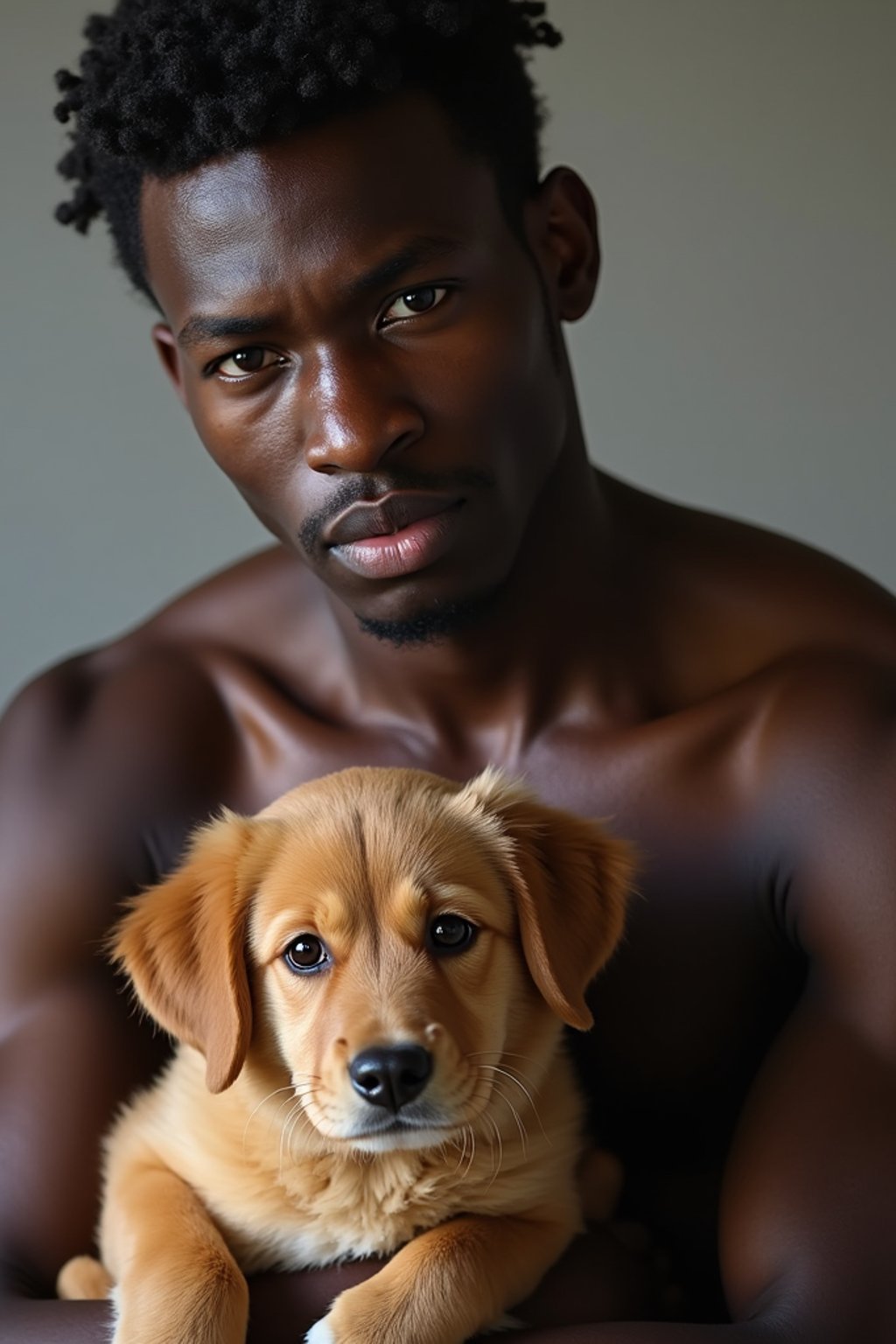 masculine  man posing with a cute pet