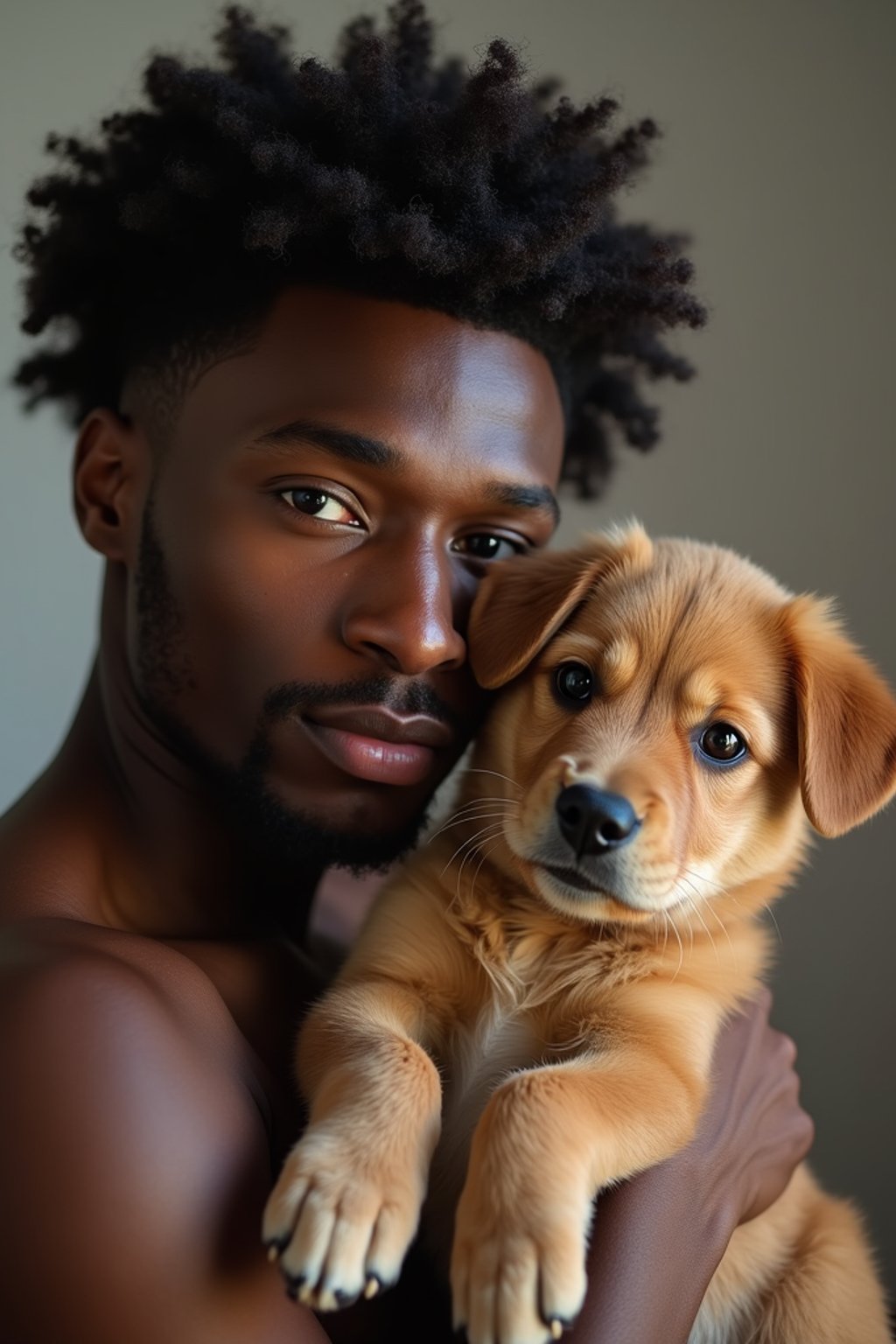 masculine  man posing with a cute pet