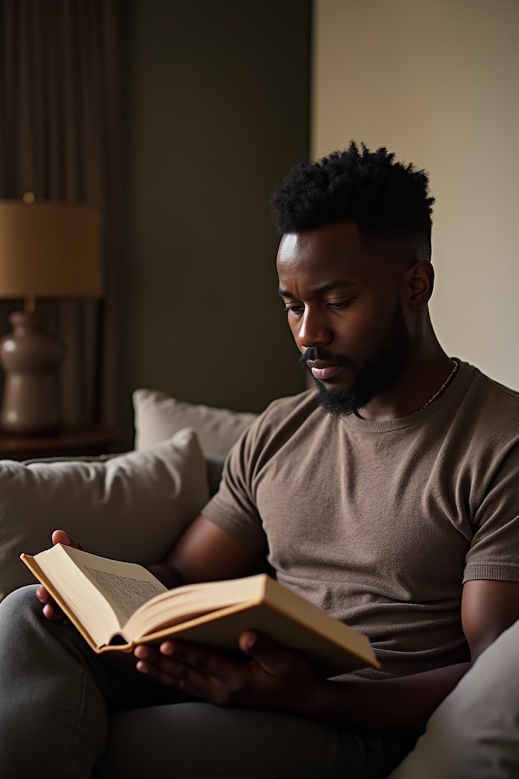 masculine  man reading a book in a cozy home environment