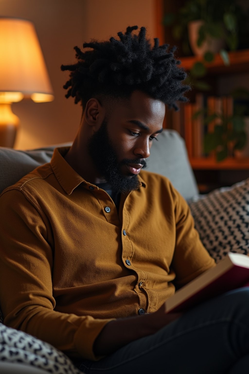 masculine  man reading a book in a cozy home environment