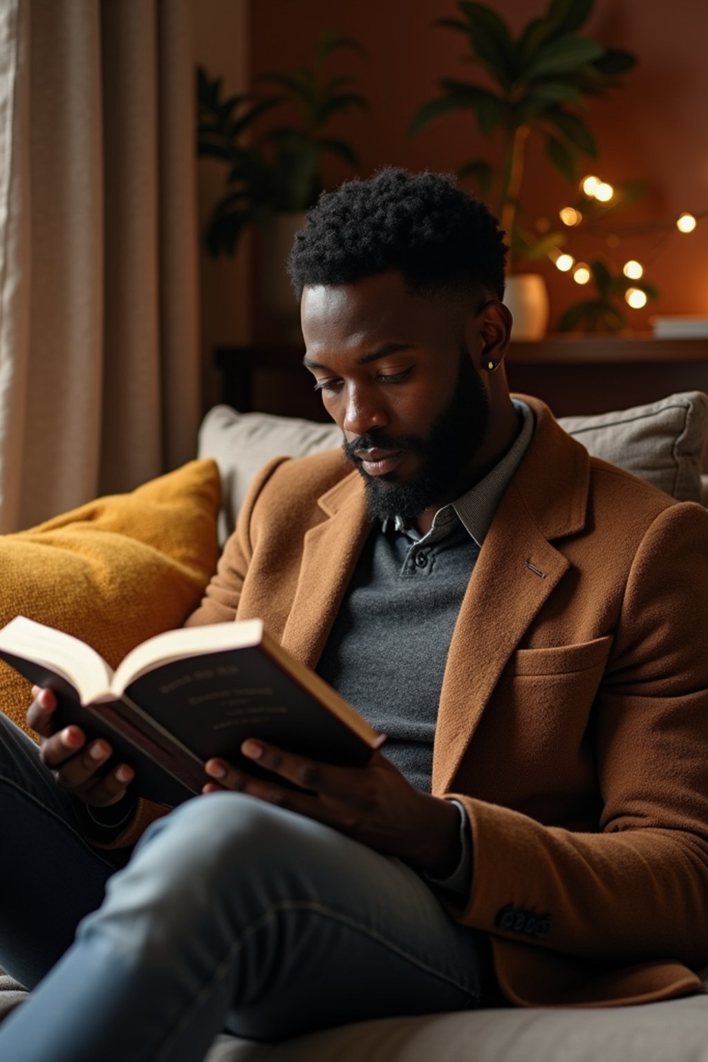 masculine  man reading a book in a cozy home environment