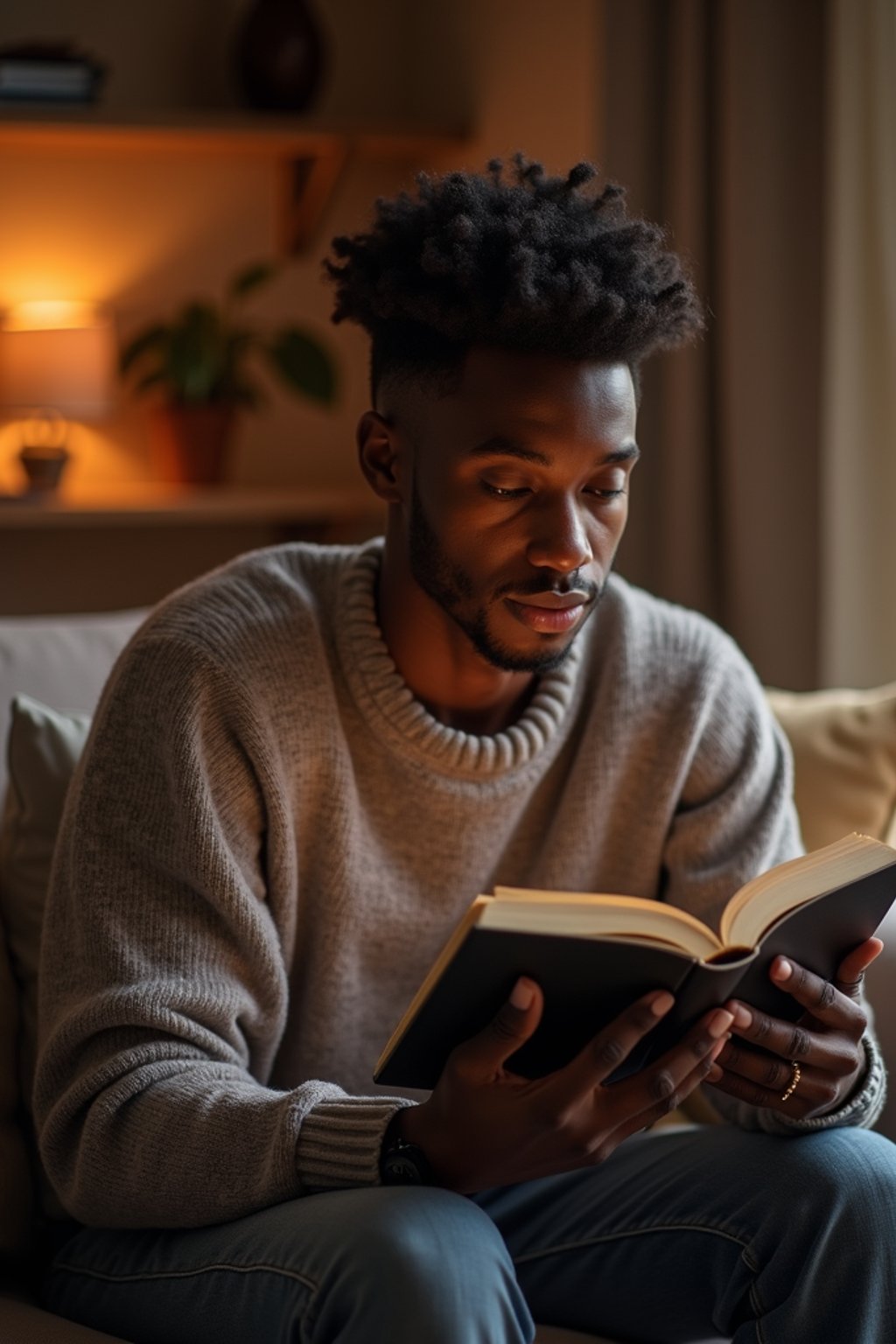 masculine  man reading a book in a cozy home environment