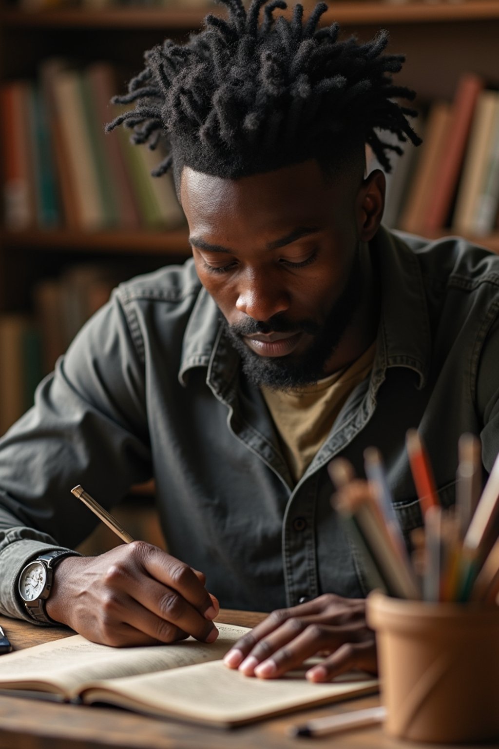 masculine  man engaging in a hobby or craft