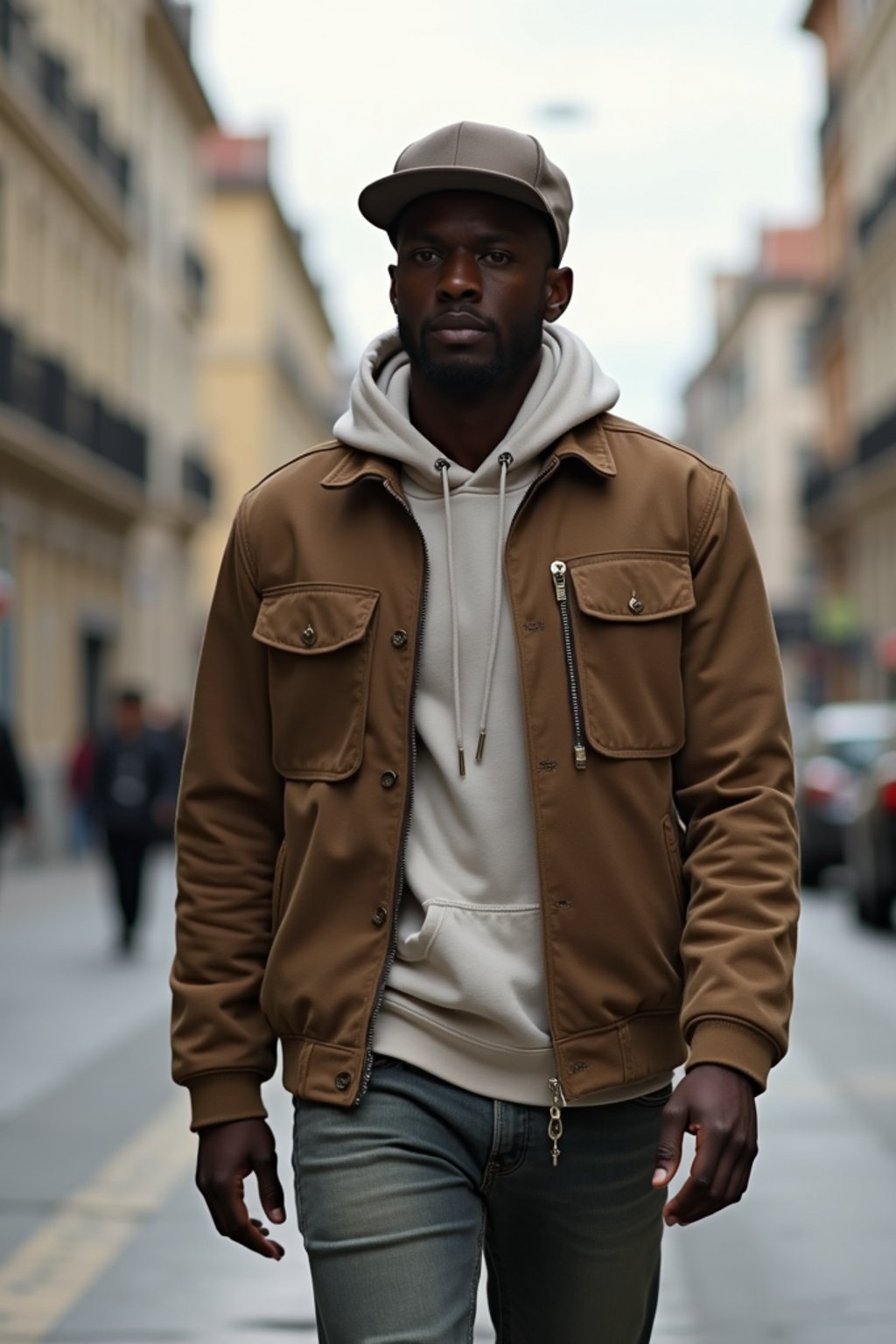 masculine  man taking a casual stroll through a cityscape