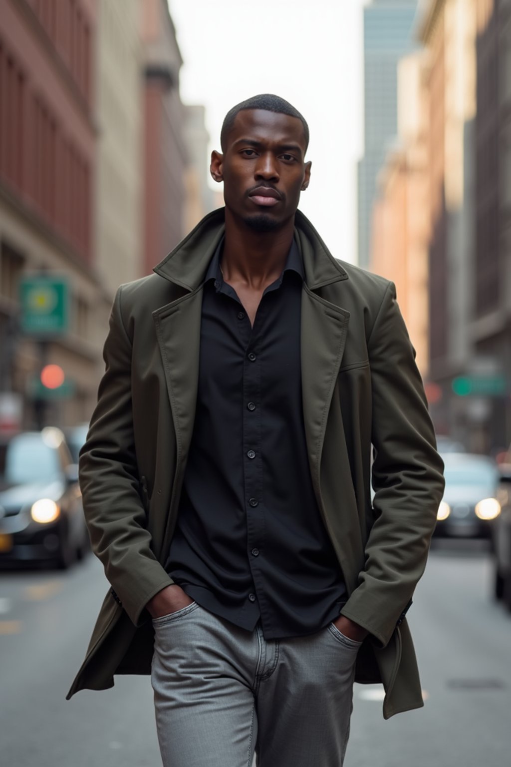 masculine  man taking a casual stroll through a cityscape