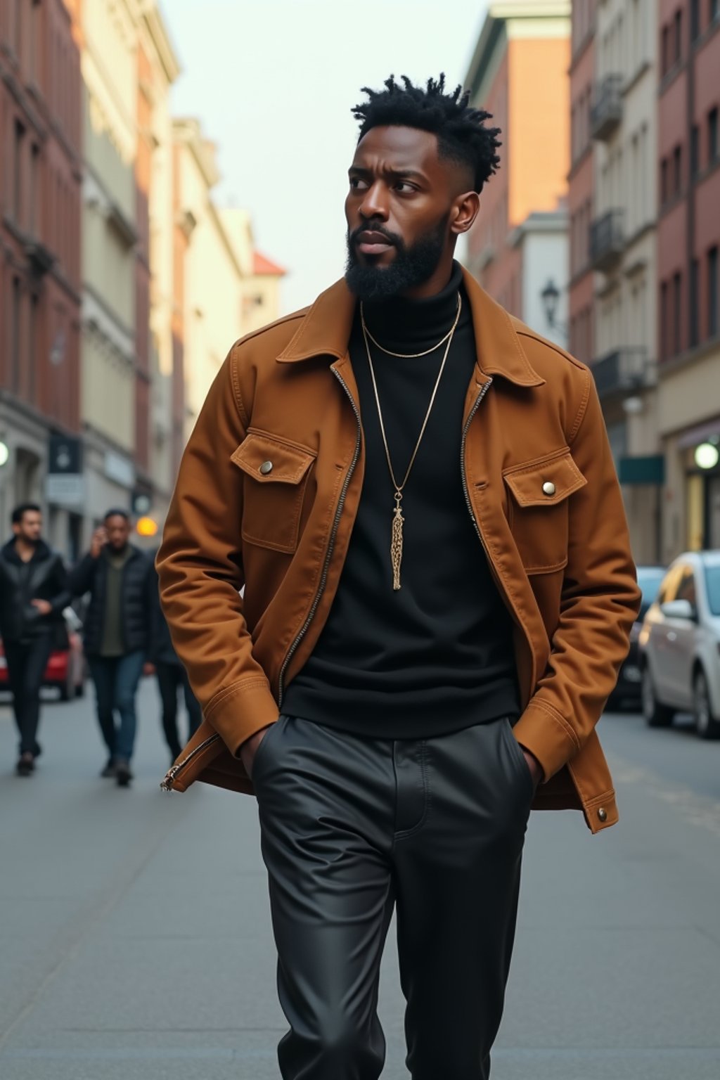 masculine  man taking a casual stroll through a cityscape