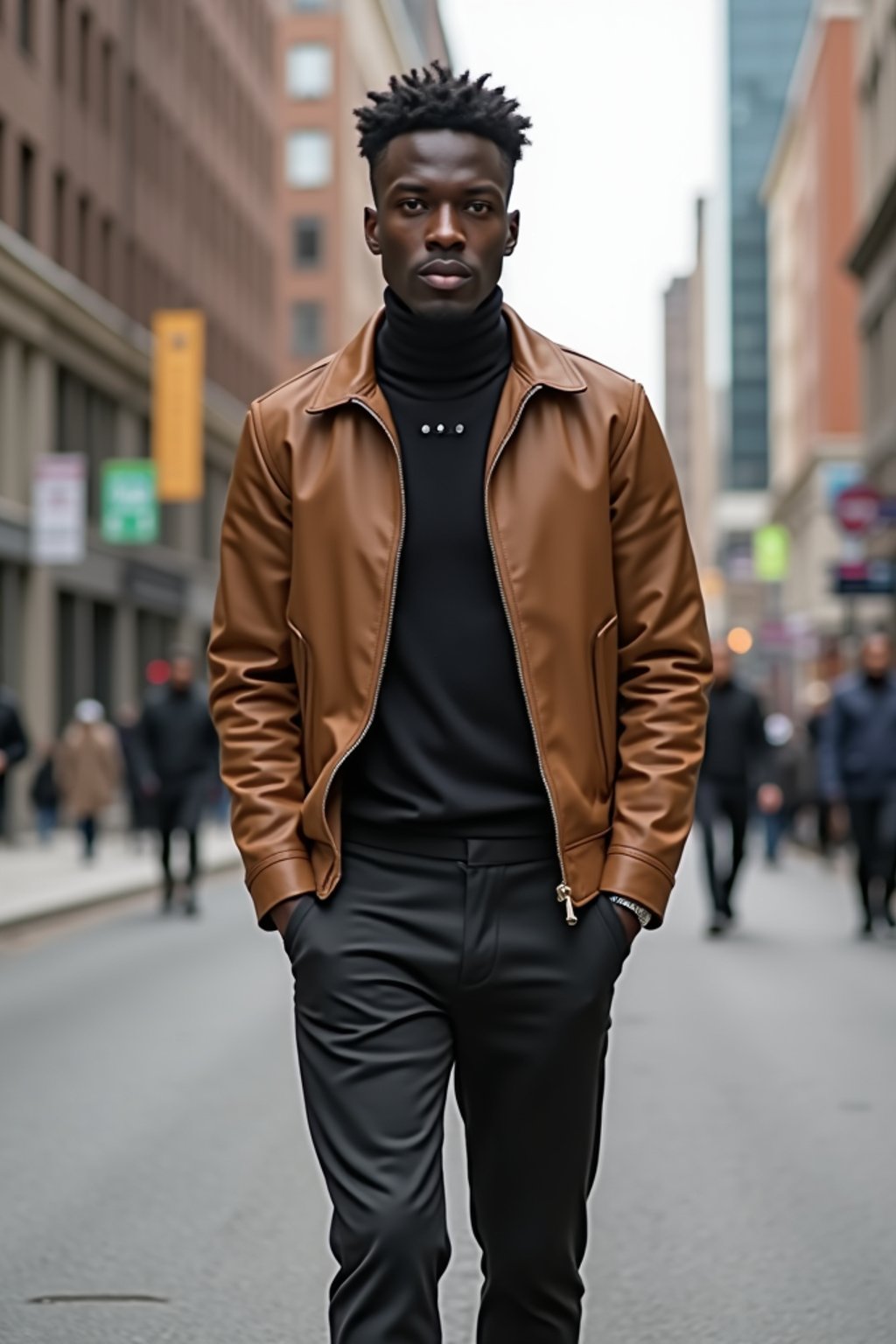 masculine  man taking a casual stroll through a cityscape