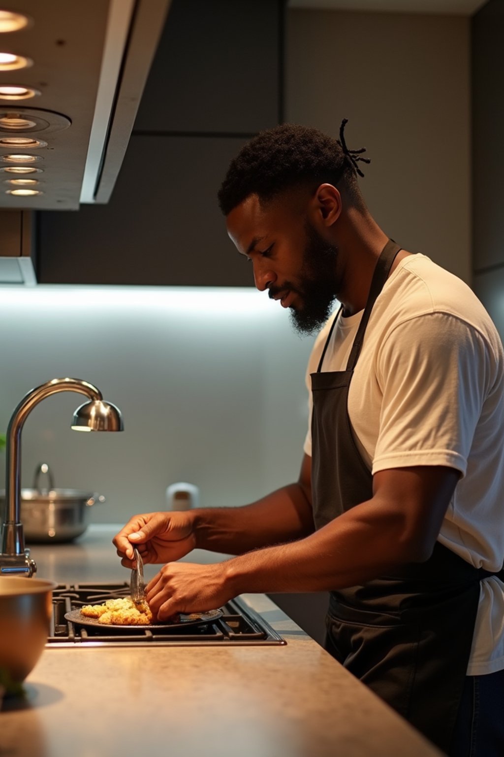 masculine  man cooking or baking in a modern kitchen