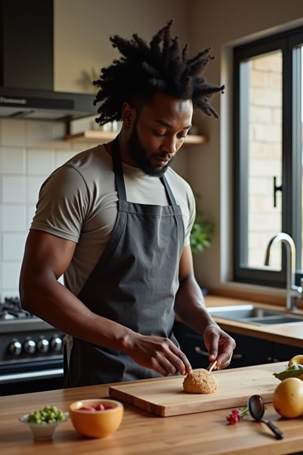 masculine  man cooking or baking in a modern kitchen