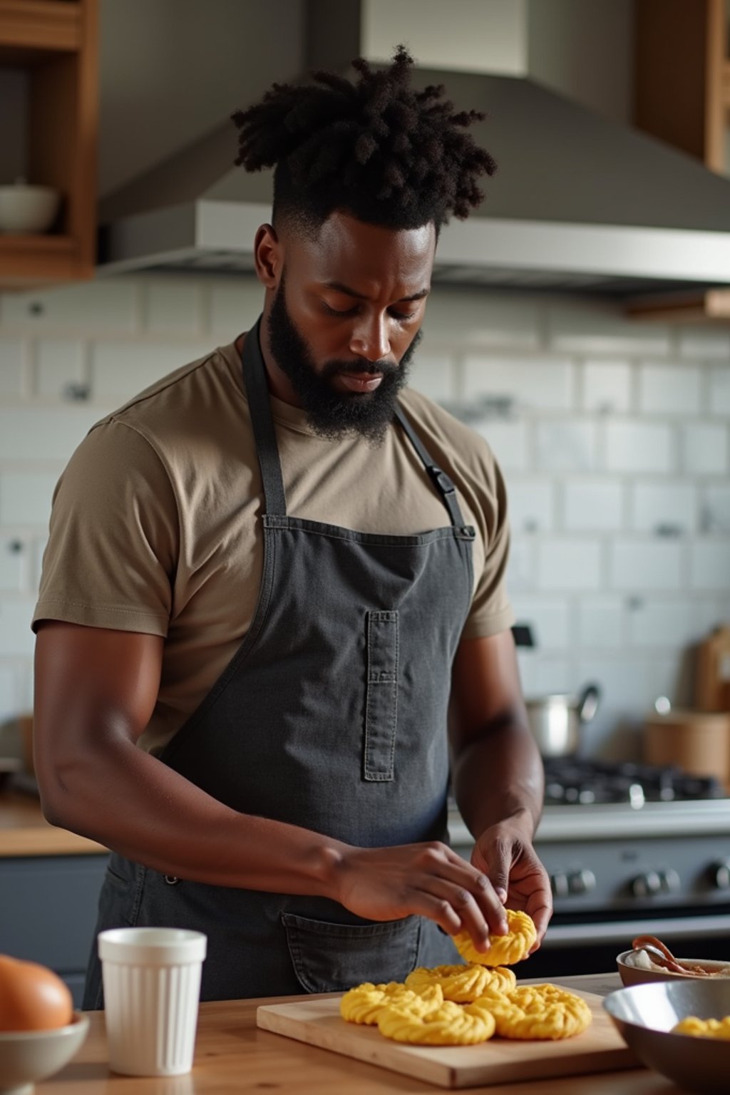 masculine  man cooking or baking in a modern kitchen